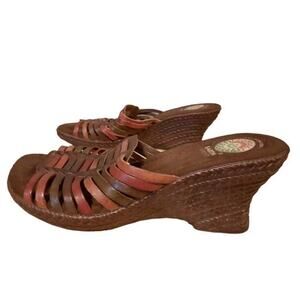 Earth Spirit Size 7.5 M Birch Leather Bohemian Brown Woven Wedges Comfort Slipon